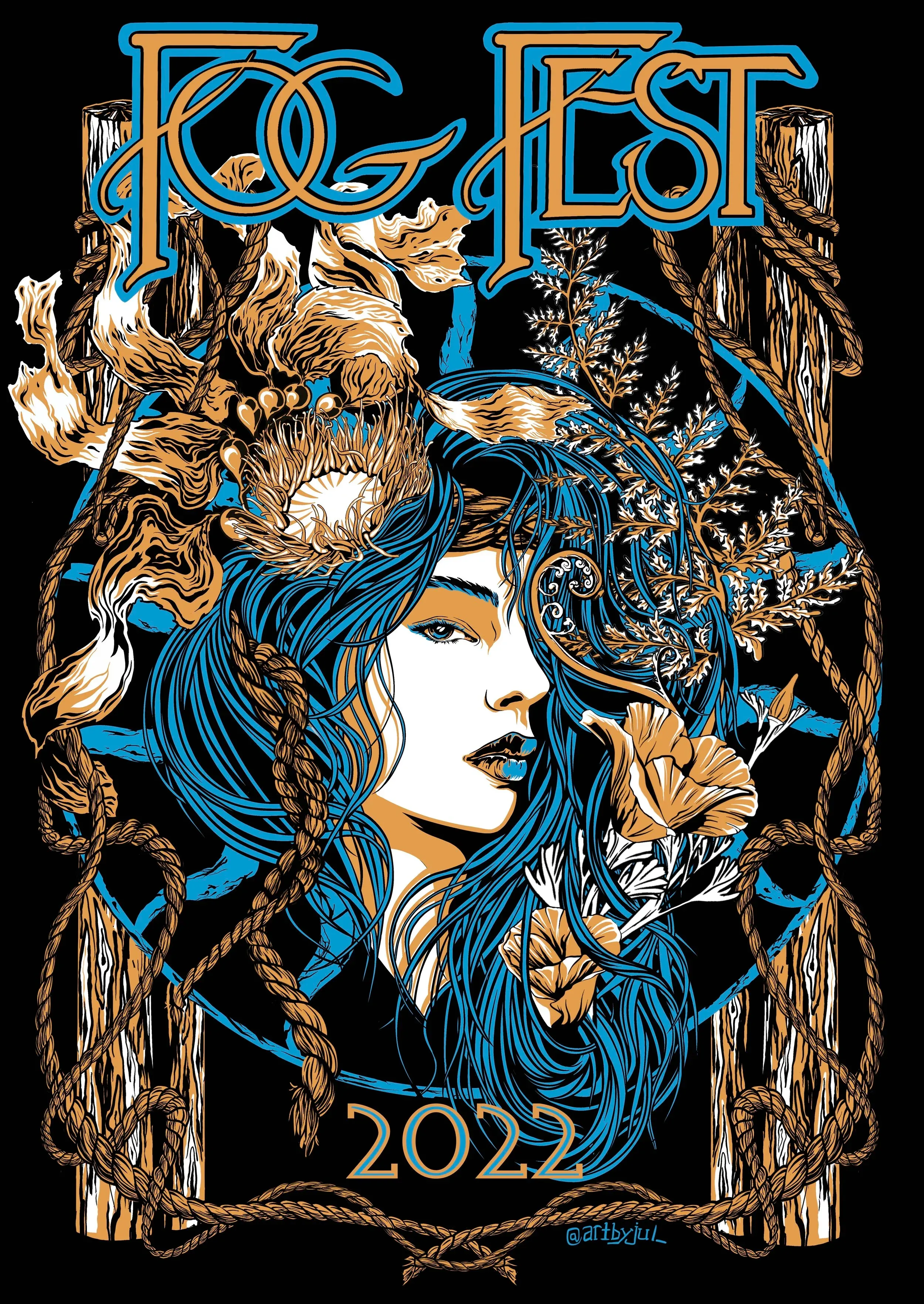 Julie's Illustration for Fog Fest, a woman with Blue hair. Click to navigate to all illustrations.